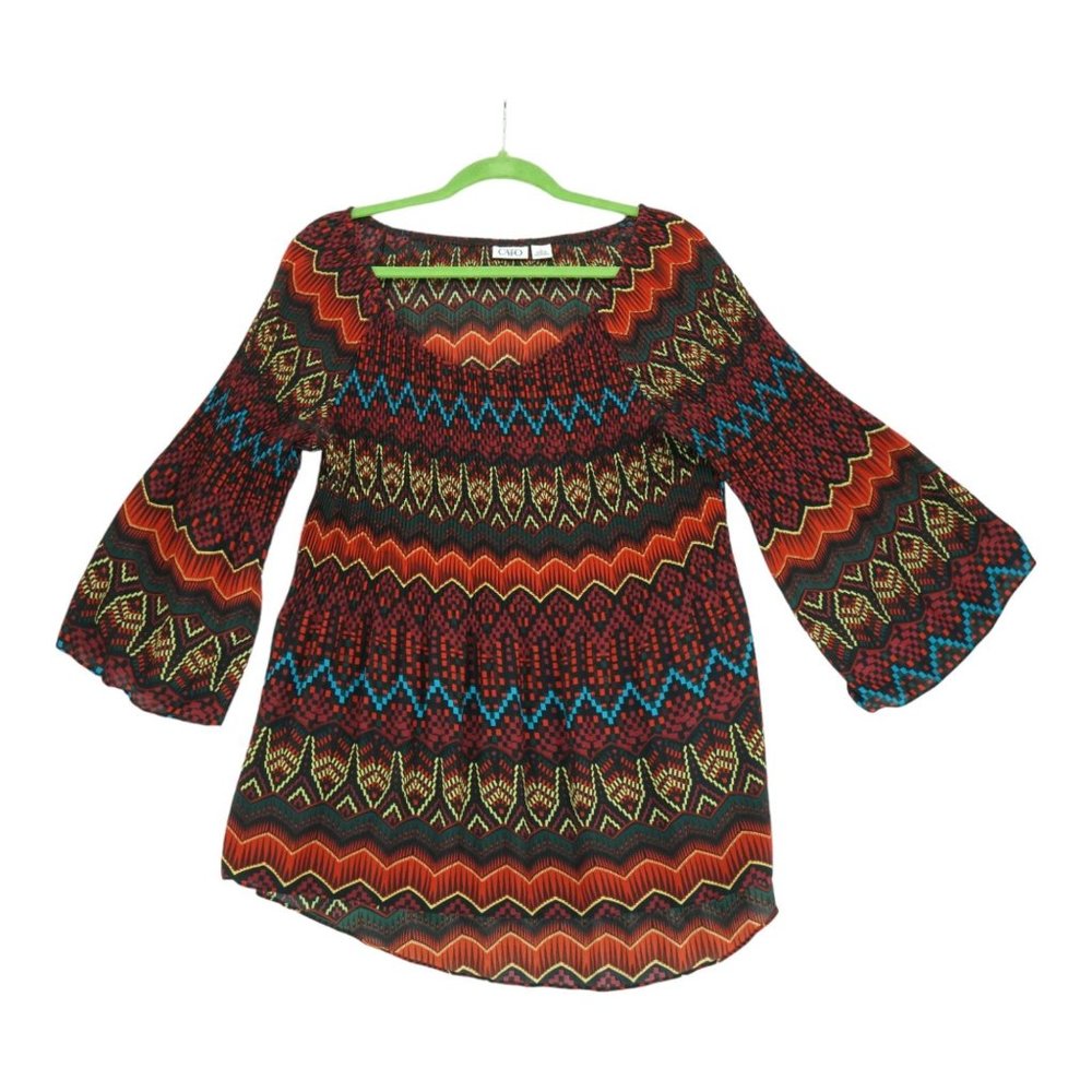 Cato Women's L Pullover Plunge Crew Neck Pleated Top Shirt Geometric